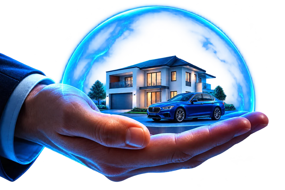 Mão protegendo uma casa e um carro sob um arco de luz azul