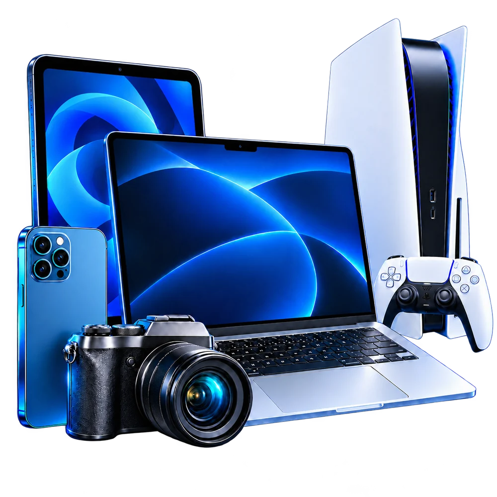 Notebook, smartphone, câmera, tablet e PS5